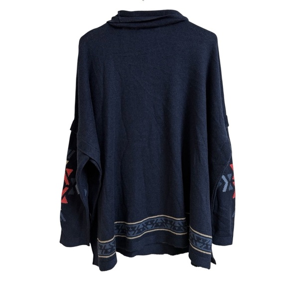 J Jill Women Size M Blue Aztec Knit Funnel Neck Sweater Poncho Boho Southwestern - Picture 3 of 10